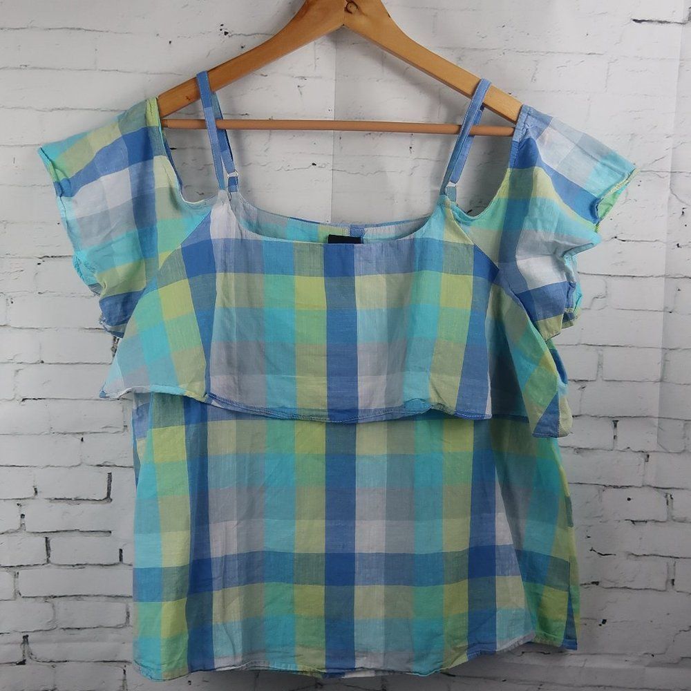 BOBEAU BLUE GREEN CHECKERED RUFFLE TOP WITH OPEN SHOULDER CUT OUT SIZE XL